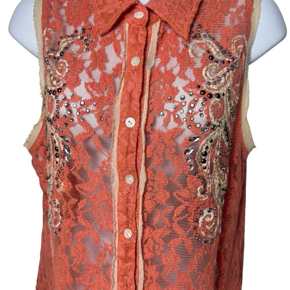 Y2K‎ Miss Me Boho Rhinestone Lace Button up Blouse Cottagecore Rodeo Country L - Picture 4 of 11